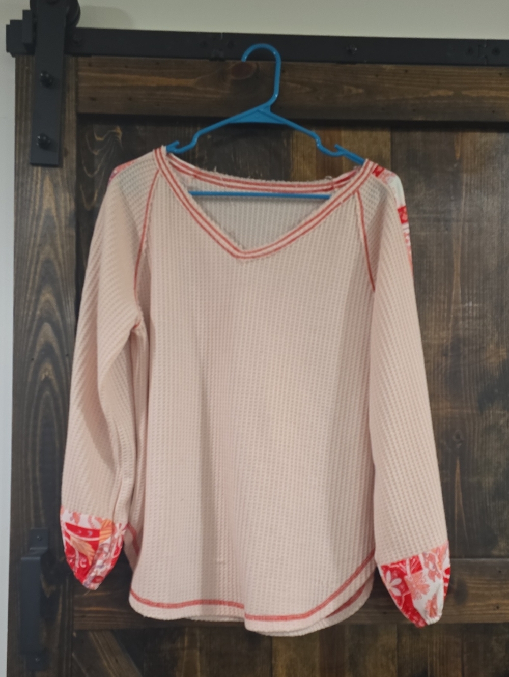 Womens Pink Waffle Knit Top with Floral Cuff